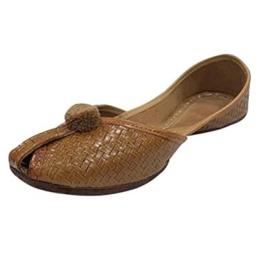 Imagem de Gold Zari Punjabi Jutti Tênis feminino macio liso étnico feito à mão Juti tradicional Jooti casamento indiano, Marrom, 39