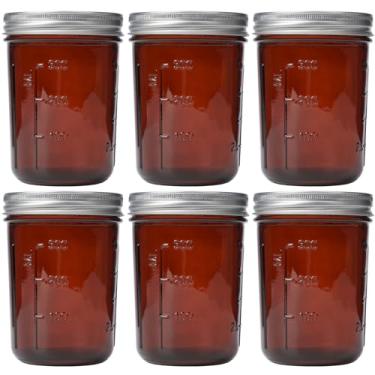 Imagem de KORCCI potes de vidro âmbar de 16 onças - potes de vidro de boca larga com 6 unidades com tampas e faixas. jarra de vela vazia, recipientes de armazenamento de alimentos, jarra de conservas