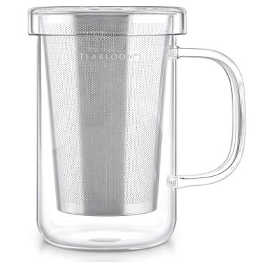 Imagem de Teabloom caneca de vidro de borosilicato premium com infusor de chá de folhas soltas de aço inoxidável e tampa/prato - 12 onças (350 ml)