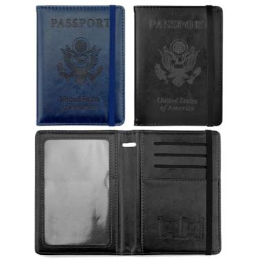 Imagem de Porta-passaporte e porta-cartão de vacina, capa para passaporte com bloqueio RFID, Preto + azul marinho, Elástico