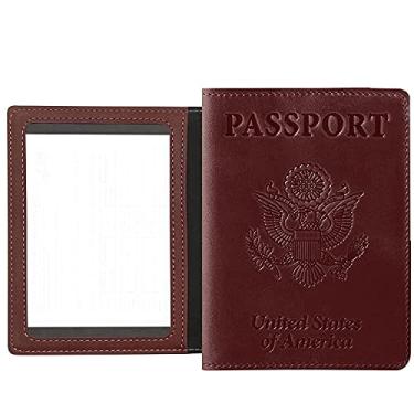 Imagem de Hubsch Porta-cartão de passaporte e vacina, capa de passaporte de couro PU com protetor de cartão de vacina CDC, carteira de passaporte atualizada para viagem para mulheres e homens (marrom)