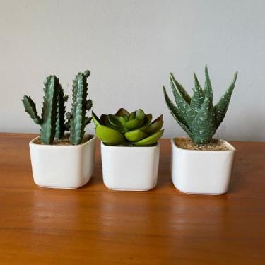 Imagem de Kit 3 Suculentas Artificiais + Vasos Arranjos Vasinhos Branco - Decore