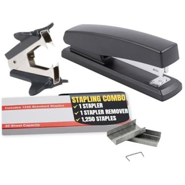 Imagem de 1InTheOffice Grampeadores para mesa, grampeador de mesa, grampeador de escritório com 1250 grampos, pacote com grampeador com removedor de grampos, acabamento preto fosco, 1 pacote