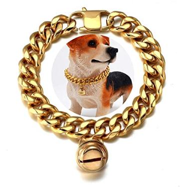 Imagem de Coleira de gato de ouro 18 quilates gatinho filhote de gatinho 1,5 cm 15 mm de largura gargantilha de aço inoxidável com elos cubanos à prova de mastigação com sino (pescoço de cachorro 30,5 a 35,5 cm)
