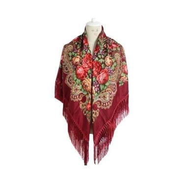 Imagem de Lenço Quadrado Floral com Franjas - Estilo Ucraniano Babushka, Vinho t