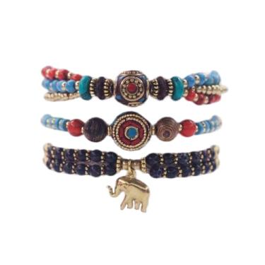 Imagem de VIWATIN Pulseiras de sino de latão nepalês feitas à mão para mulheres, pingente de elefante, boho cigano tibetano étnico contas turquesa corda da sorte, One Size, Turquesa sintética, Turquesa criada