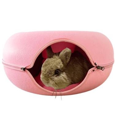 Imagem de Cama de coelho, cama de caverna Peekaboo para chinchilas de porquinhos-da-índia, túnel de donut para coelhos, casa de animais pequenos, feltro redondo removível e túnel de jogo interno lavável (rosa