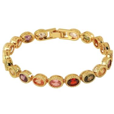 Imagem de XZE Pulseira feminina de tênis de zircônia cúbica colorida banhada a ouro amarelo 14K zircônia cúbica arco-íris pulseira de elos de tênis, One Size, Cobre, Zircônia cúbica