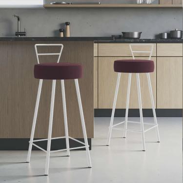 Imagem de Kit 02 Banqueta Alta Com Encosto Tina Eiffel Cozinha Bar Bistrô Ferro Branco Suede Bordô - Ahazzo Móveis
