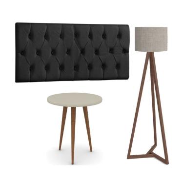 Imagem de Conjunto Cabeceira Painel Estofada Capitonê 160cm Queen Corino Preto Paris e Mesa Lateral Patrimar Legs Alta Off White com Luminária de chão Tebarrot