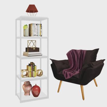 Imagem de Kit Poltrona Fatte com Manta Soft Bordô e Estante Livreiro Ferro Branco mdf Branco Suede Marrom - Ahazzo Móveis
