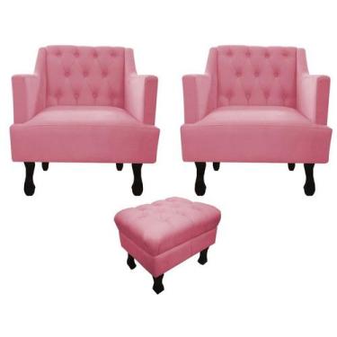 Imagem de Kit 2 Poltronas Decorativa Julia + Puff Luis Xv Suede Rosa Pés Madeira