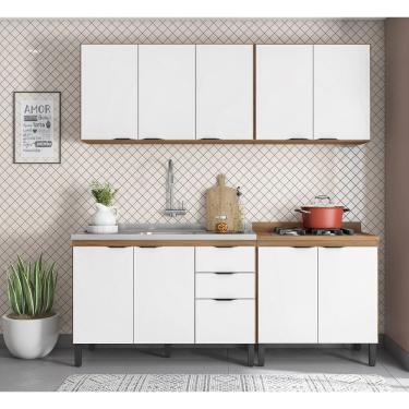 Imagem de Cozinha Modulada Firenze 2,00m com Balcão p/ Pia 120m Sem Tampo -  Amêndola Touch/Branco Demóbile 