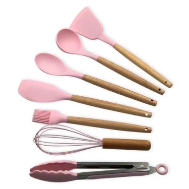 Imagem de Conjunto de Utensílios de Cozinha em Silicone com Cabo de Madeira Longo, 8 Peças, Rosa, Inclui Concha, Colher, Espátulas, Pegador, Fuê, Pincel e Copo Suporte