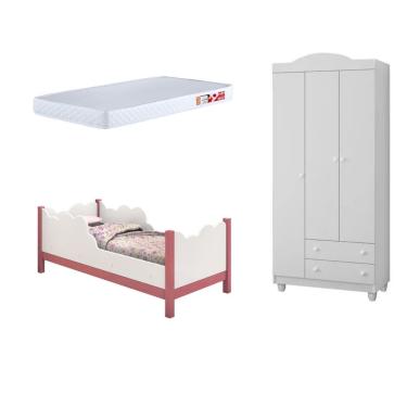 Imagem de Cama Infantil Juvenil Nuvem Colchão Branco/rosa com Guarda Roupa Lara Branco