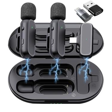 Imagem de Pacote com 2 microfones profissionais de lapela sem fio para iPhone, iPad, telefone Android, com adaptador incluído, redução de ruído, clipe plug-play, microfone de lapela para Youtube, gravação, vlog