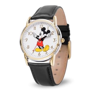 Imagem de Disney Relógio com pulseira de couro de quartzo analógico com ponteiros articulados Cardiff clássico adulto Mickey Mouse, Preto