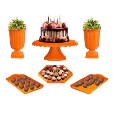 Imagem de Kit Decoração Mesa Neon Boleira Vaso Grego e Bandejas Brilha na Luz Negra (Laranja)