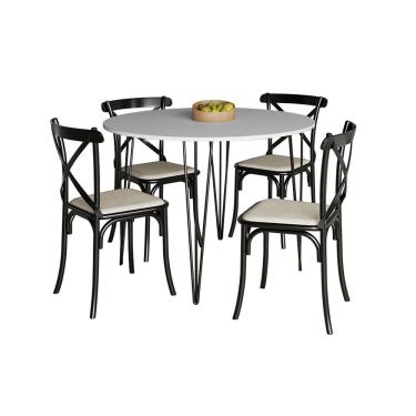 Imagem de Mesa Com 4 Cadeiras Katrina Preta Elen Hairpin 110Cm Jantar Branca Com Ferro Preto - Cor: Preto