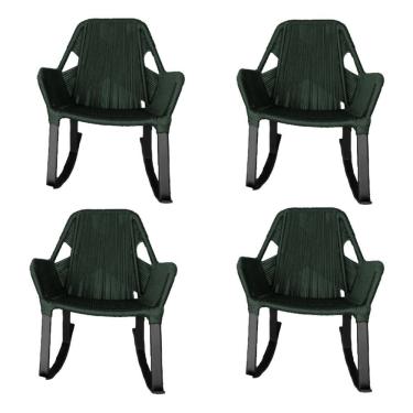 Imagem de Kit 4 Cadeiras De Balanço Athenas Corda Náutica Base Em Alumínio Preto-verde Musgo - Cor: Verde
