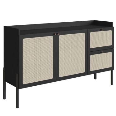 Imagem de Balcão Buffet 2 Portas Oslo Artesano 139 Cm (largura) Mdp Nero Palha Sintética Bege Pé...