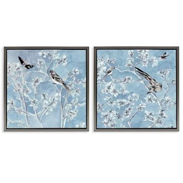 Imagem de Stupell Industries Conjunto de tela flutuante emoldurada cinza com pássaros sobre azul da serenidade cunhada por Melissa Wang, 45,7 x 45,7 cm