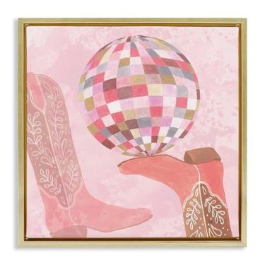 Imagem de Stupell Industries Bota de vaqueira e bola de discoteca em tela flutuante dourada design de arte de parede por Yvette St. Amant, 25 x 25