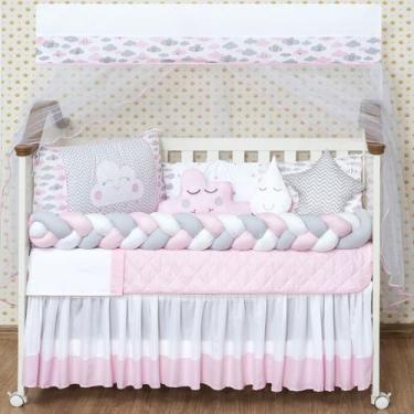 Imagem de Kit Berço Trançado Completo Chuva de Amor Nuvem Gosta e Estrela Rosa M