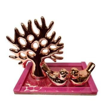 Imagem de Kit Decoração Sala Cerâmica Bandeja Vidro Enfeite Passarinho Árvore da