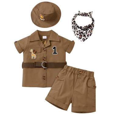 Imagem de OBEEII Infant Baby Boys Safari Outfit Explorer Wild Birthday Short Sleeve T-shirt Top Shorts Set Animals Zoo Keeper Jungle Cake Smash Photoshoot Outfits + Hat + Belt 5 Pieces Set Brown 12-18 Months