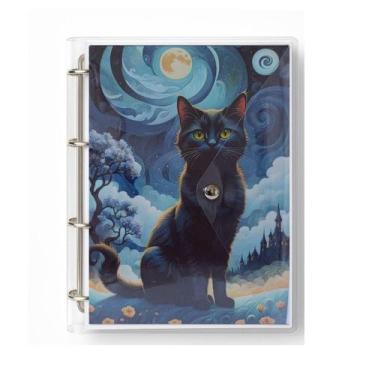 Imagem de Caderno Fichário Argolado Pasta Organizadora 4 Argolas Gato Preto Tran