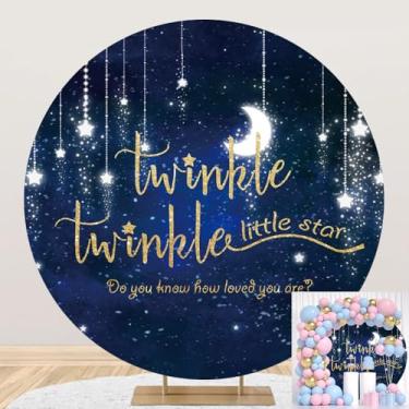 Imagem de Twinkle Twinkle Little Star Pano de fundo redondo azul marinho estrelado lua estrela galáxia espaço fotografia fundo para chá de bebê recém-nascido decoração de festa de aniversário círculo adereços