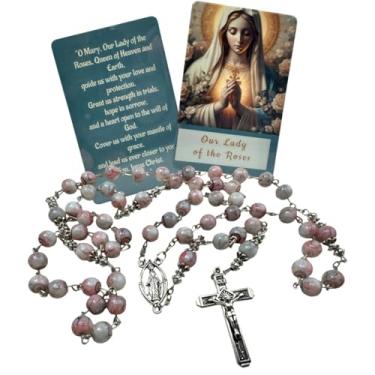Imagem de Westmon Works Conjunto de contas de vidro marmorizado Nossa Senhora do Rosário e crucifixo de metal com cartão sagrado laminado de oração