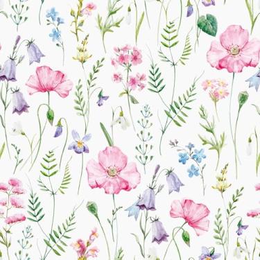 Imagem de Mangoloo Papel de parede floral rosa vintage prensado rústico verde/branco folhas florais papel de parede mural removível pré-colado papel de contato decorativo para armários prateleiras gavetas 44,5