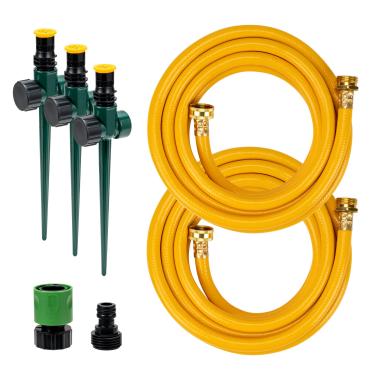Imagem de Geowaky Sistema de irrigação de solo com base de ponta de metal amarelo conjunto de irrigação para jardim, conjunto de irrigação multiajustável, ideal para pequenas áreas, irrigação de plantas e