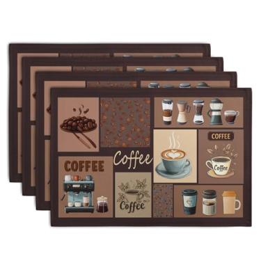 Imagem de Wnoesat Jogo americano com tema de café, conjunto de 4 tapetes de mesa de tecido de linho marrom estilo fazenda, 30 x 45 cm, lavável, resistente ao calor, antiderrapante, para casa, festa, cozinha