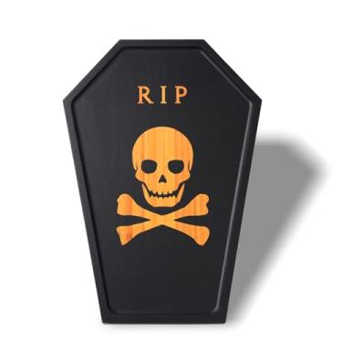 Imagem de Yikinip Bandeja de decoração de caixão de Halloween, preto com design de caveira laranja, bandeja de festa gótica, decoração RIP