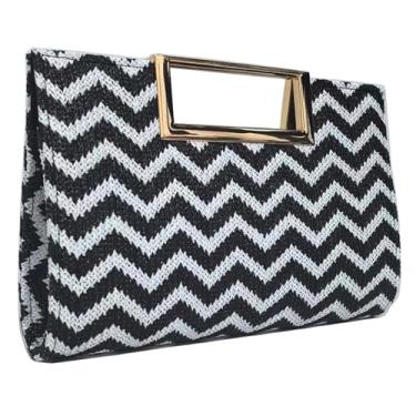 Imagem de Bolsa feminina clutch de palha bolsa de ráfia de tecido bolsa transversal para mulheres praia verão viagem, Listras pretas