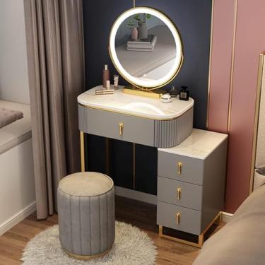 Imagem de Conjunto De Mesa De Vestir, 3 Modos De Iluminação De Cores, Penteadeira De Maquiagem Com 4 Gavetas & Banco, Mesa Organizadora De Armazenamento De Cosméticos Para Quarto, White+gray, L:50cm/19.7 inch