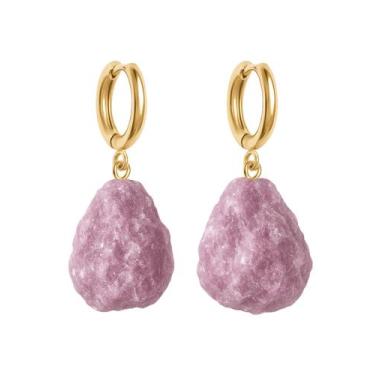 Imagem de Brinco de Argola Lepidolita Rosa - Cristal Natural, Banho Ouro 18k