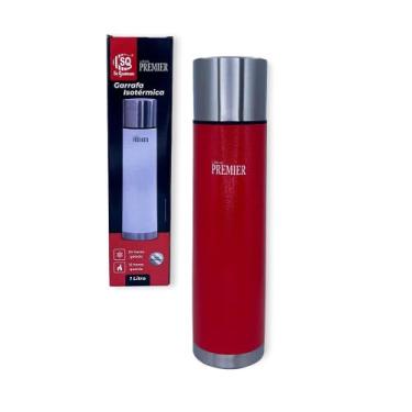Imagem de Garrafa Térmica Inox, 1 Litro, Vermelha, Parede Dupla com Isolamento a Vácuo, 32 cm x 8,5 cm