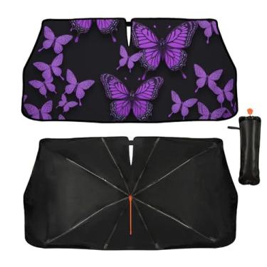 Imagem de Guarda-sol de para-brisa de carro - guarda-sol de borboletas roxas para janela dianteira do carro, bloqueiam raios UV guarda-chuva dobrável para viseira de sol mantém o veículo fresco para a maioria
