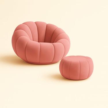 Imagem de Kit Poltrona Decorativa Concha C/Almofada e Puff Veludo Rosa Abobora - Montanaris Decor