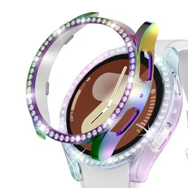 Imagem de DEALELE [Pacote com 2 capas compatíveis com Samsung Galaxy Watch 7 de 44 mm, capa protetora de PC de diamante de linha única brilhante para reposição (44 mm, arco-íris + arco-íris claro)