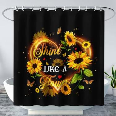 Imagem de AILONEN Cortina de chuveiro de girassol 152 cm L x 183 cm A, linda decoração de banheiro botânica de flor amarela para casais, cortina de banho preta com estampa de borboleta + ganchos de plástico