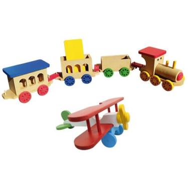 Imagem de Kit Brinquedo Mad Aviãozinho + 1 Trenzinho + 3 Vagões Color - gsbrink