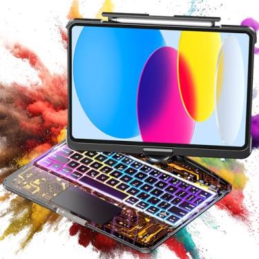 Imagem de Capa transparente com teclado sem fio para iPad (A16) 11ª geração 11 polegadas 2025/iPad 10ª geração 10 polegadas 2022 com suporte para lápis e trackpad multitoque, retroiluminação em 7 cores, rotação