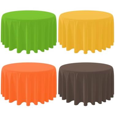 Imagem de MASHAN 4 peças de toalha de mesa de plástico para outono, amarelo, laranja, verde, café, toalhas de mesa redondas descartáveis, para colheita de outono, dia de Ação de Graças, família, aniversário