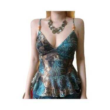 Imagem de Camisola Vintage Com Decote Em V Profundo Estampada Sem Mangas Feminin