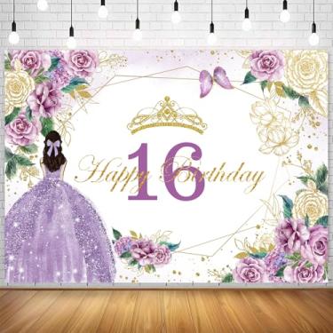 Imagem de Withu Pano de fundo floral roxo de aniversário de 16 anos para meninas, com glitter, ouro, rosa, flor, borboleta, tema de 16 anos, decoração de mesa, banner, suporte fotográfico, 2,1 x 1,5 m